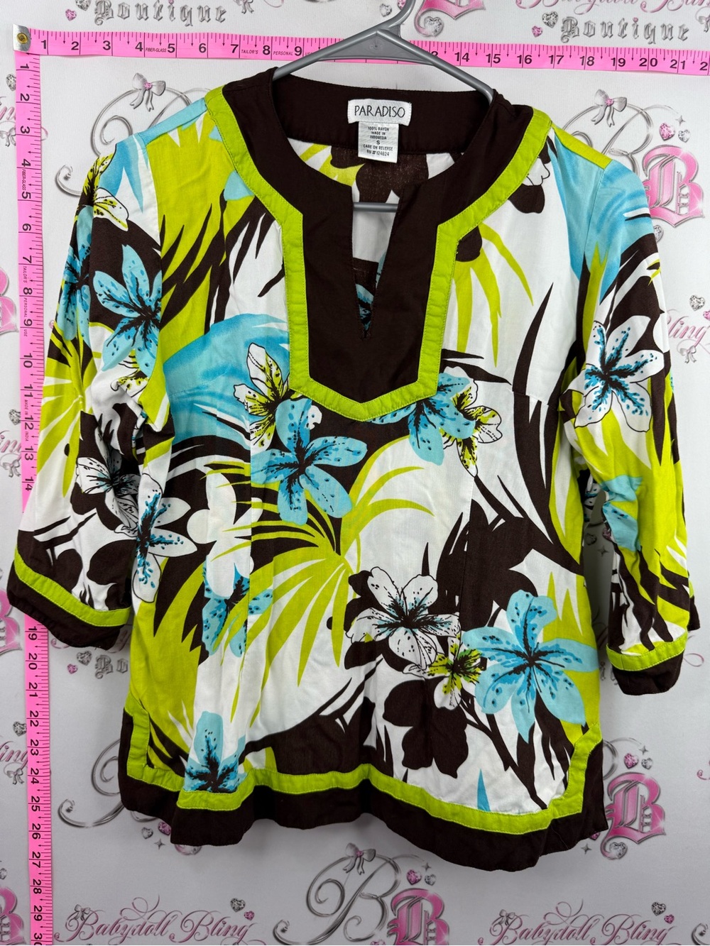 Paradiso shirt y2k tiki beach tropical Lime Green & Blue Floral Tunic Top